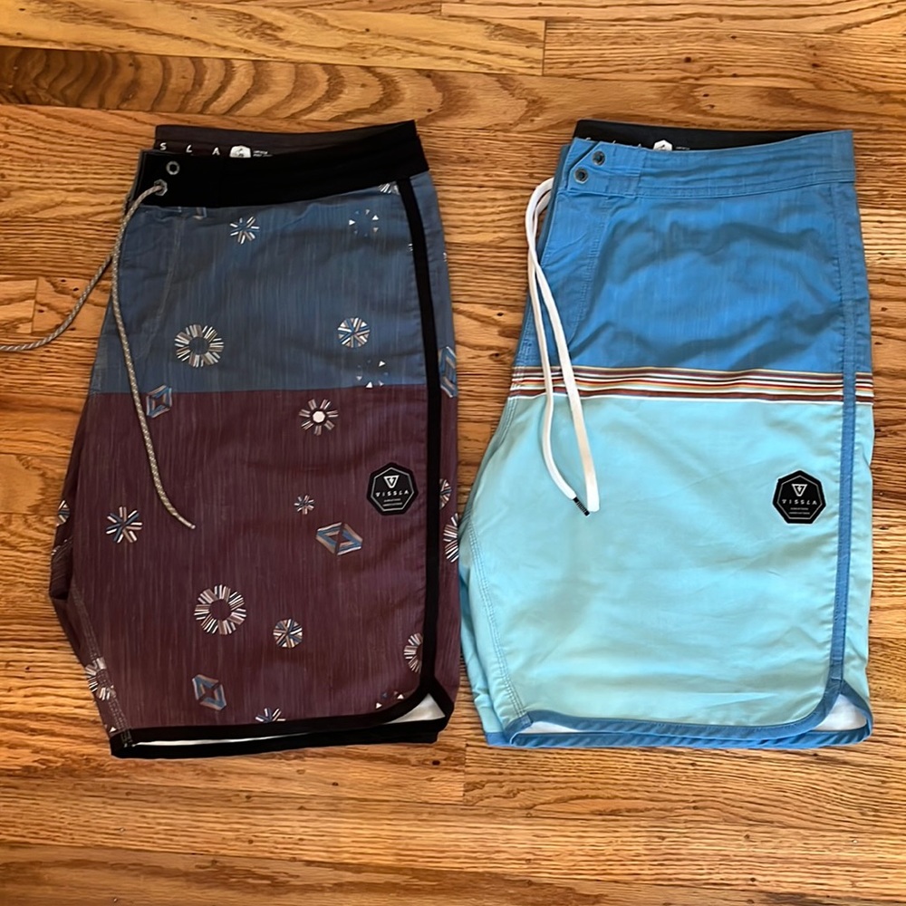 Two Pairs of Vissla Swim Trunks- Both size 36 with a 13 inch inseam